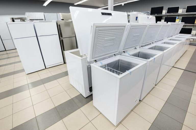 file di congelatori nel negozio di elettrodomestici