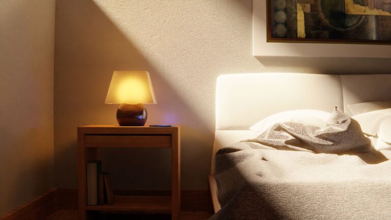 Camera da letto accogliente con luce calda la sera