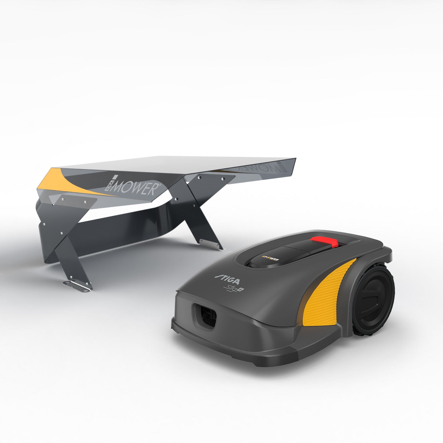 Robot tagliaerba Stiga accanto al garage protettivo Mobius