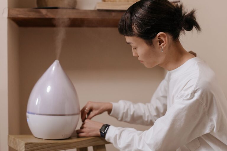 Umidificatore ambiente in funzione con la nebbia fredda visibile