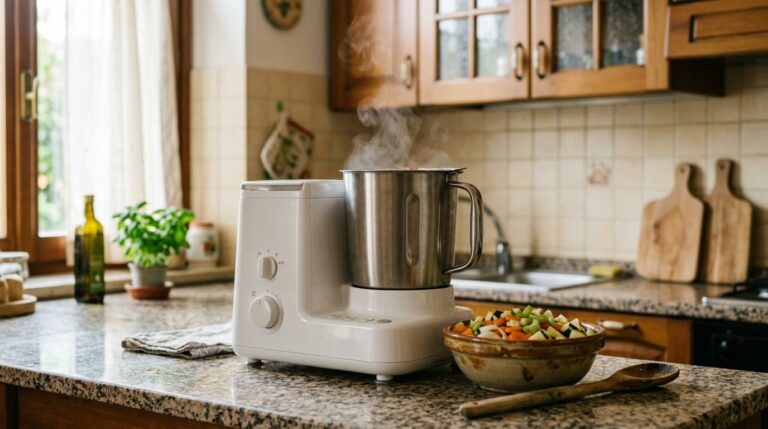 Robot da cucina multifunzione bianco con brocca in acciaio da cui sale il vapore, su un piano di cucina con verdure tagliate