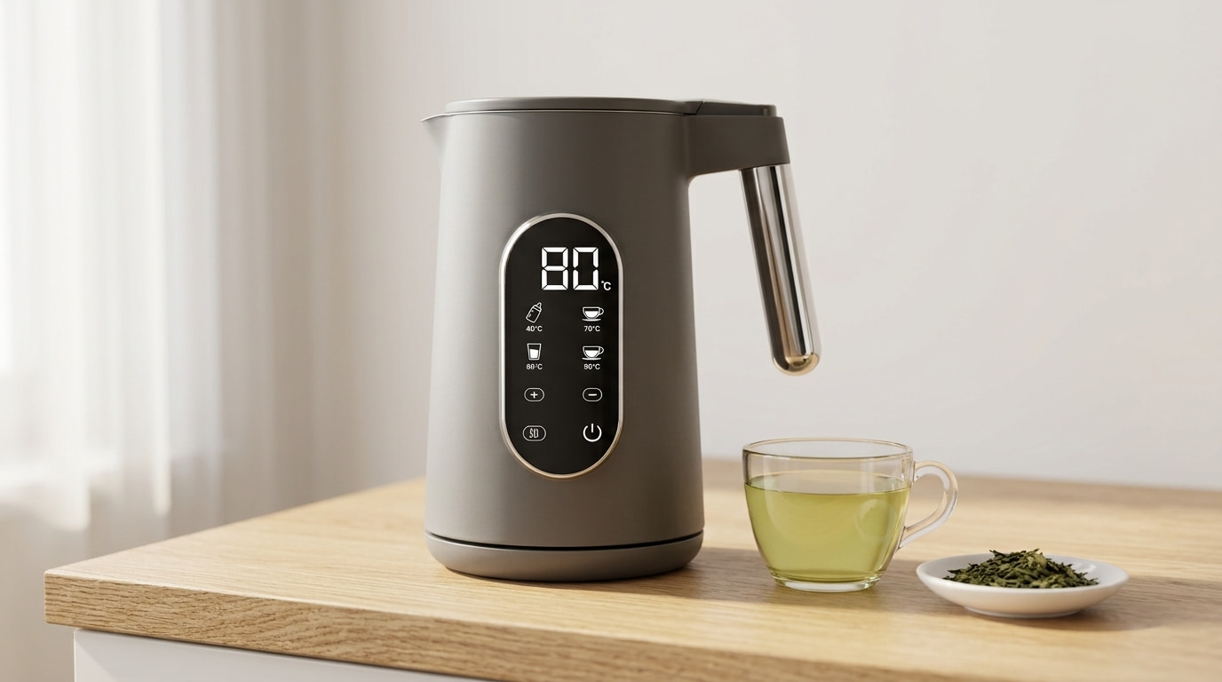 Bollitore elettrico a temperatura regolabile con display su 80 gradi accanto a una tazza di tè verde