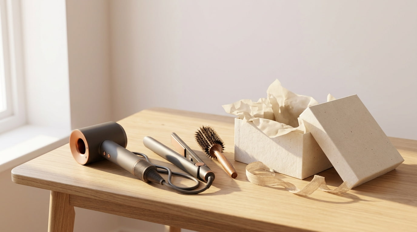 Phon, piastra per capelli e spazzola tonda su un tavolo di legno accanto a una confezione regalo aperta